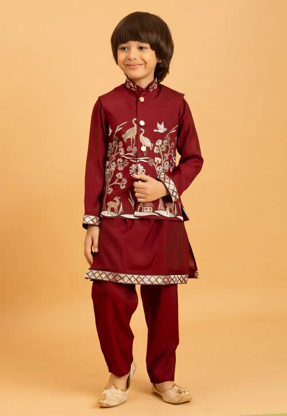 Maroon Viscose Kids Kurta Pajama With Jacket 316869