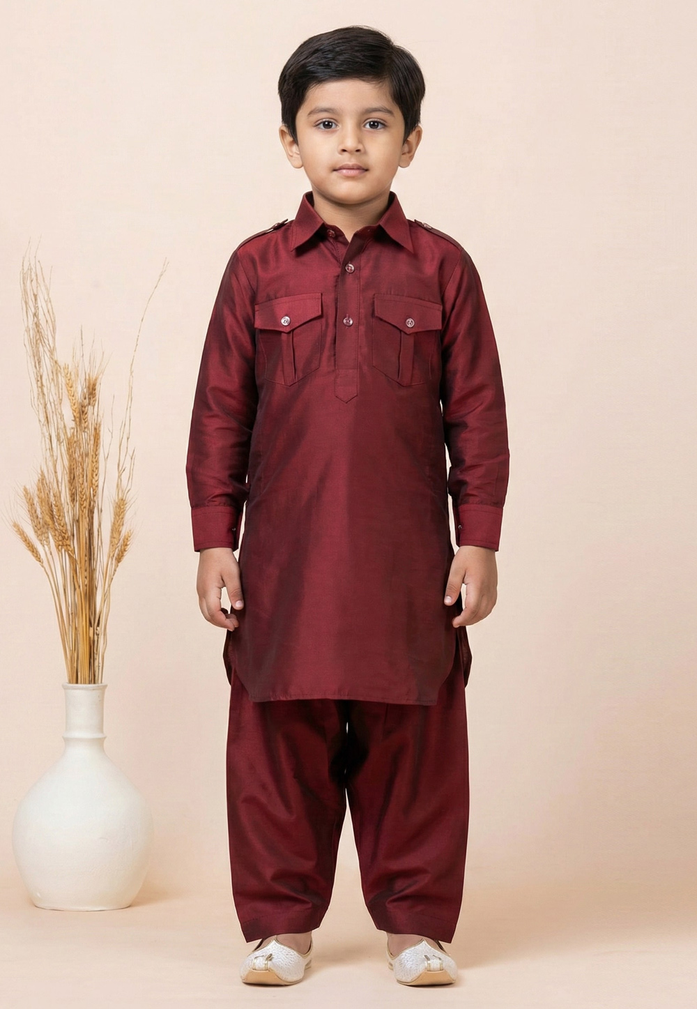 Maroon Viscose Kids Pathani Suit 322088