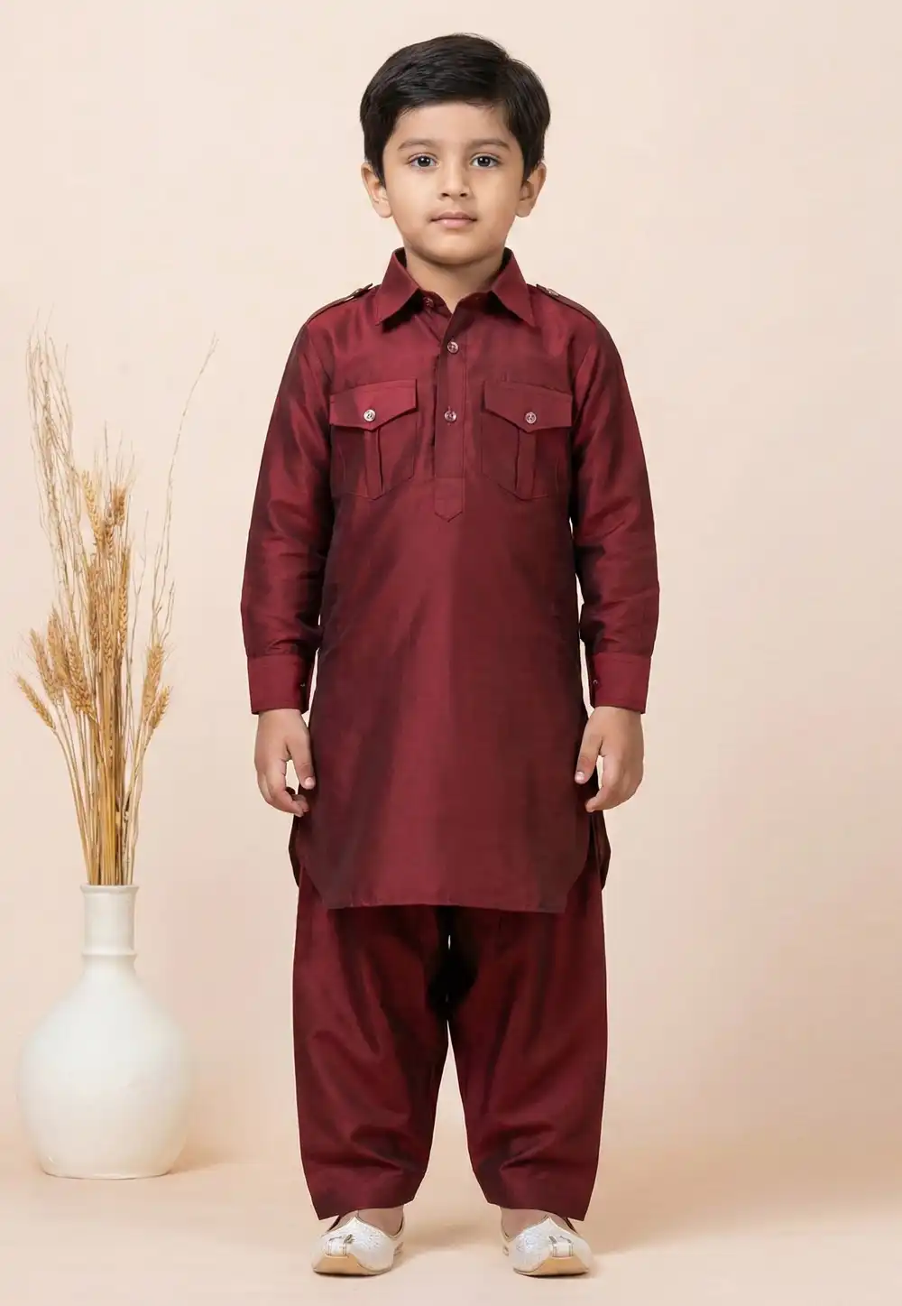 Maroon Viscose Kids Pathani Suit 322088