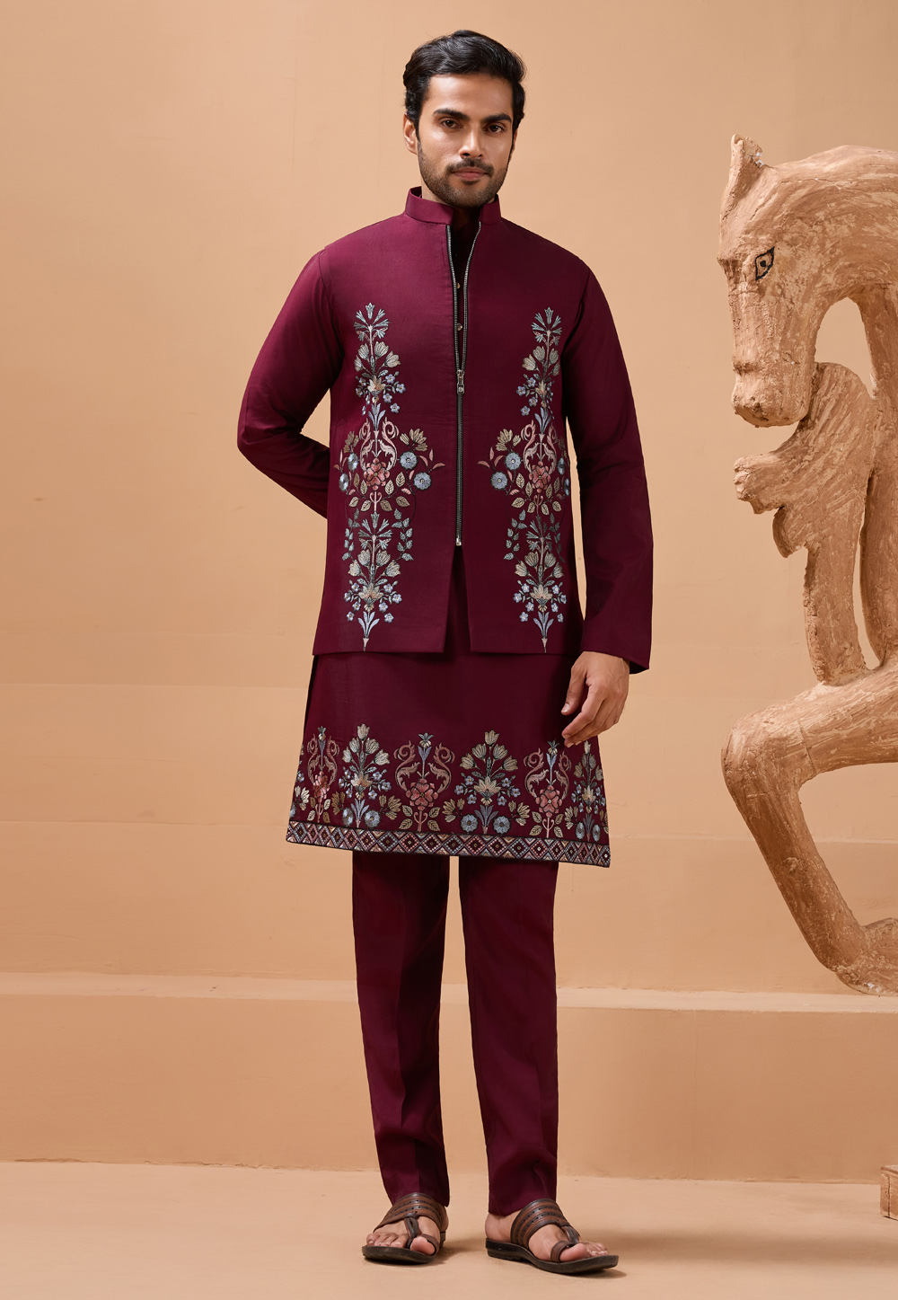 Maroon Viscose Kurta Pajama With Jacket 319273