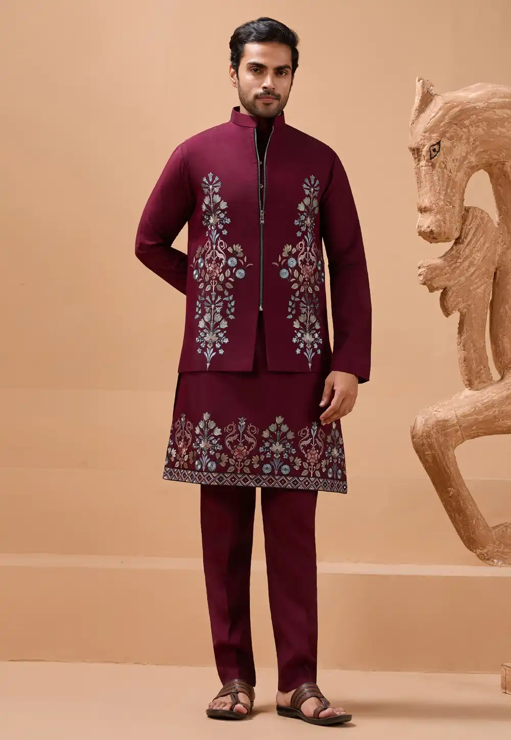 Maroon Viscose Kurta Pajama With Jacket 319273