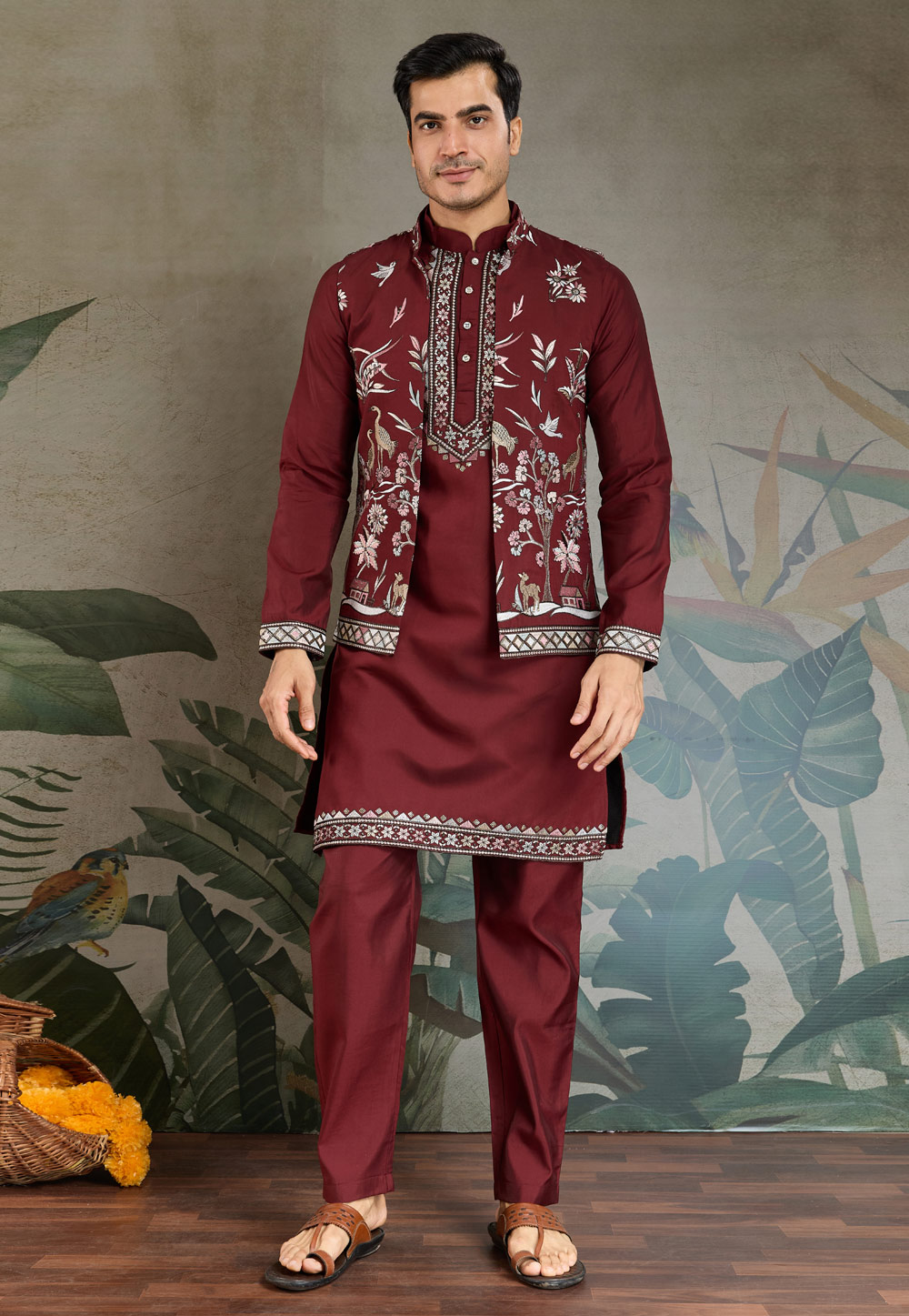 Maroon Viscose Kurta Pajama With Jacket 311869