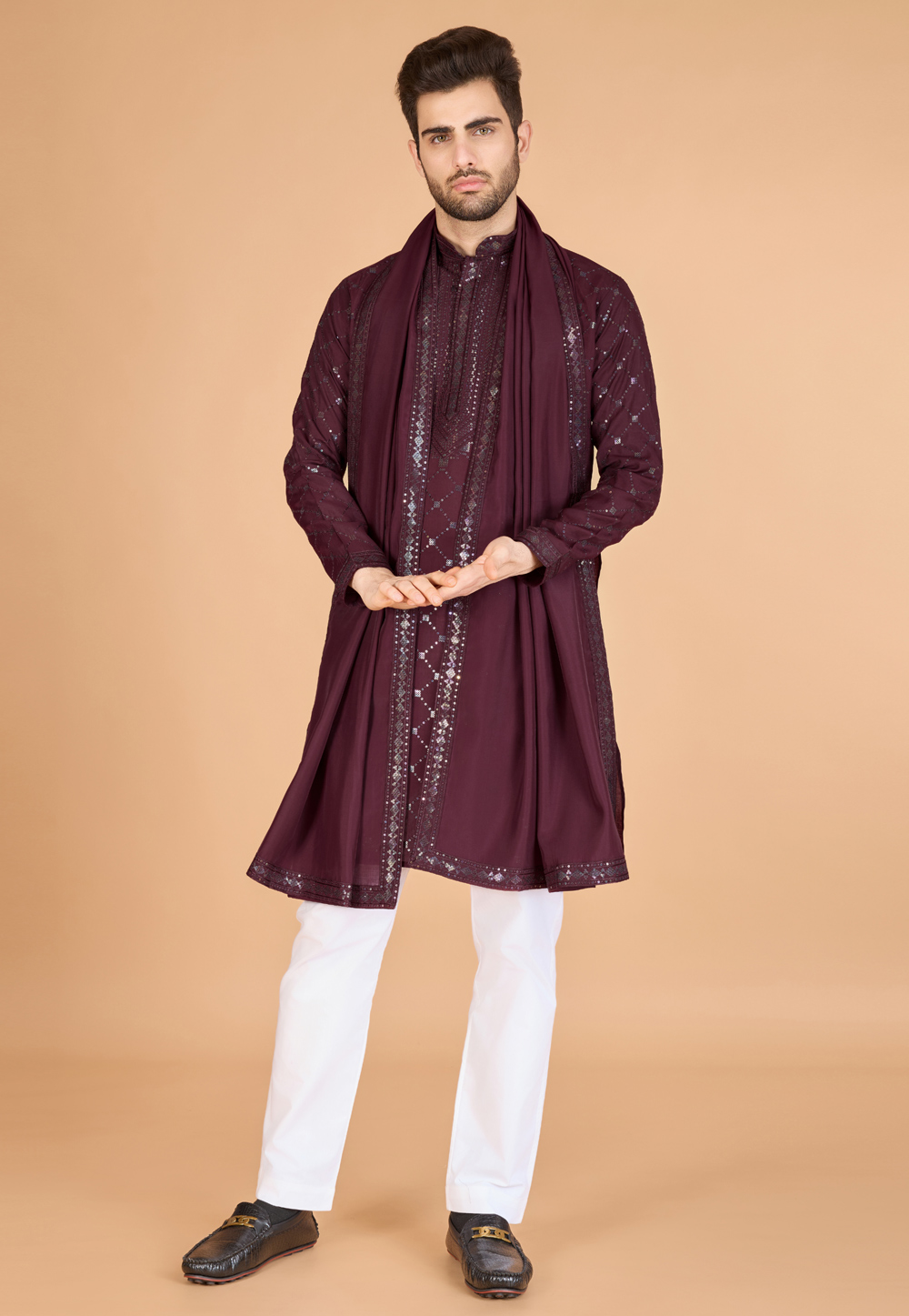 Maroon Viscose Kurta Pajama With Stole 311707