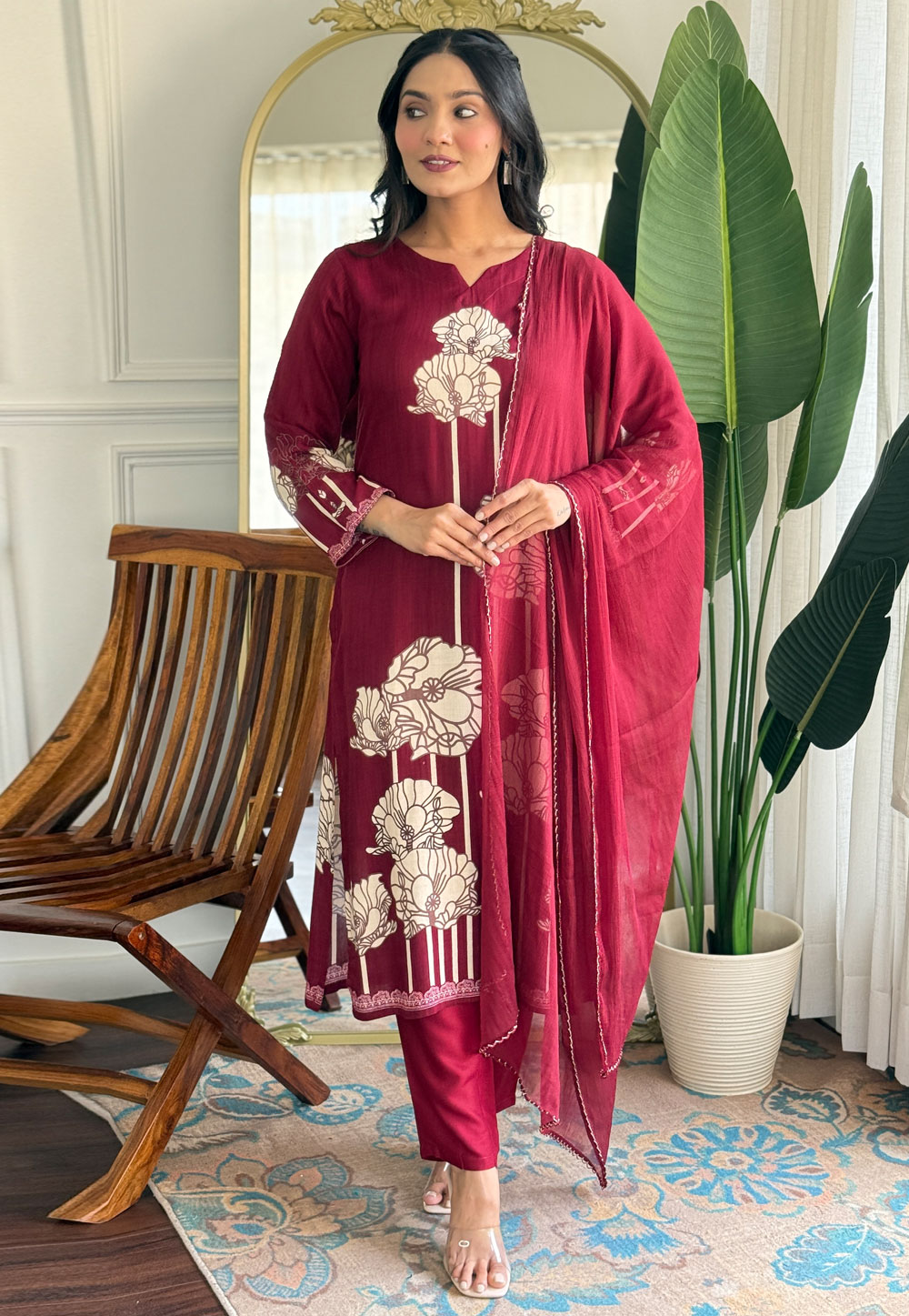 Maroon Viscose Rayon Readymade Pakistani Suit 312711