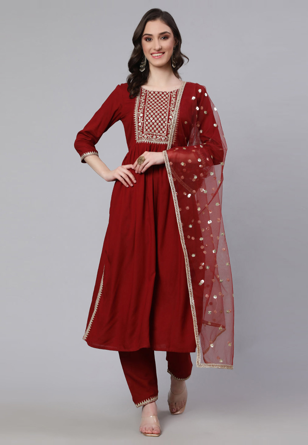 Maroon Viscose Rayon Readymade Pakistani Suit 282193