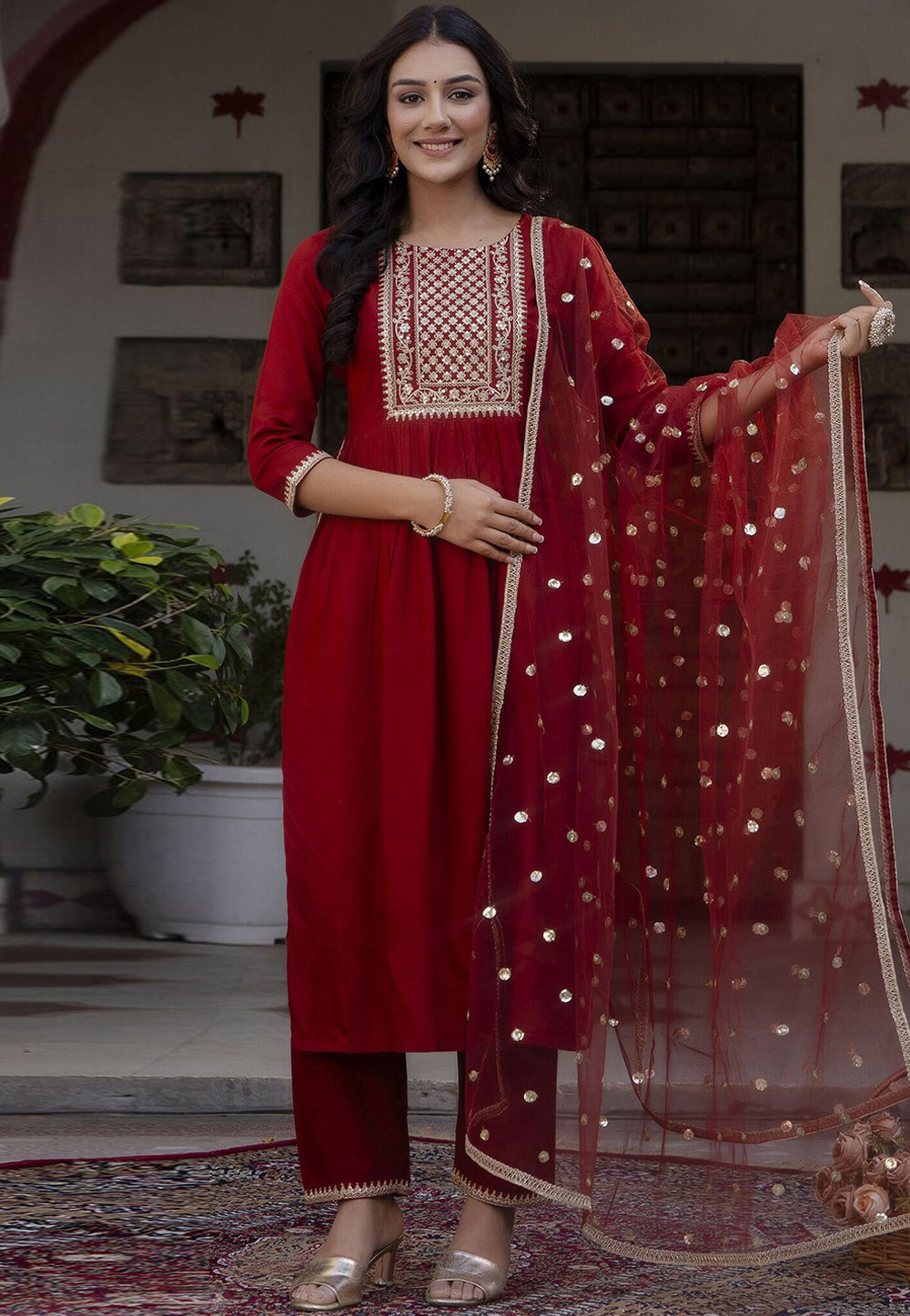Maroon Viscose Rayon Readymade Pant Style Suit 283055