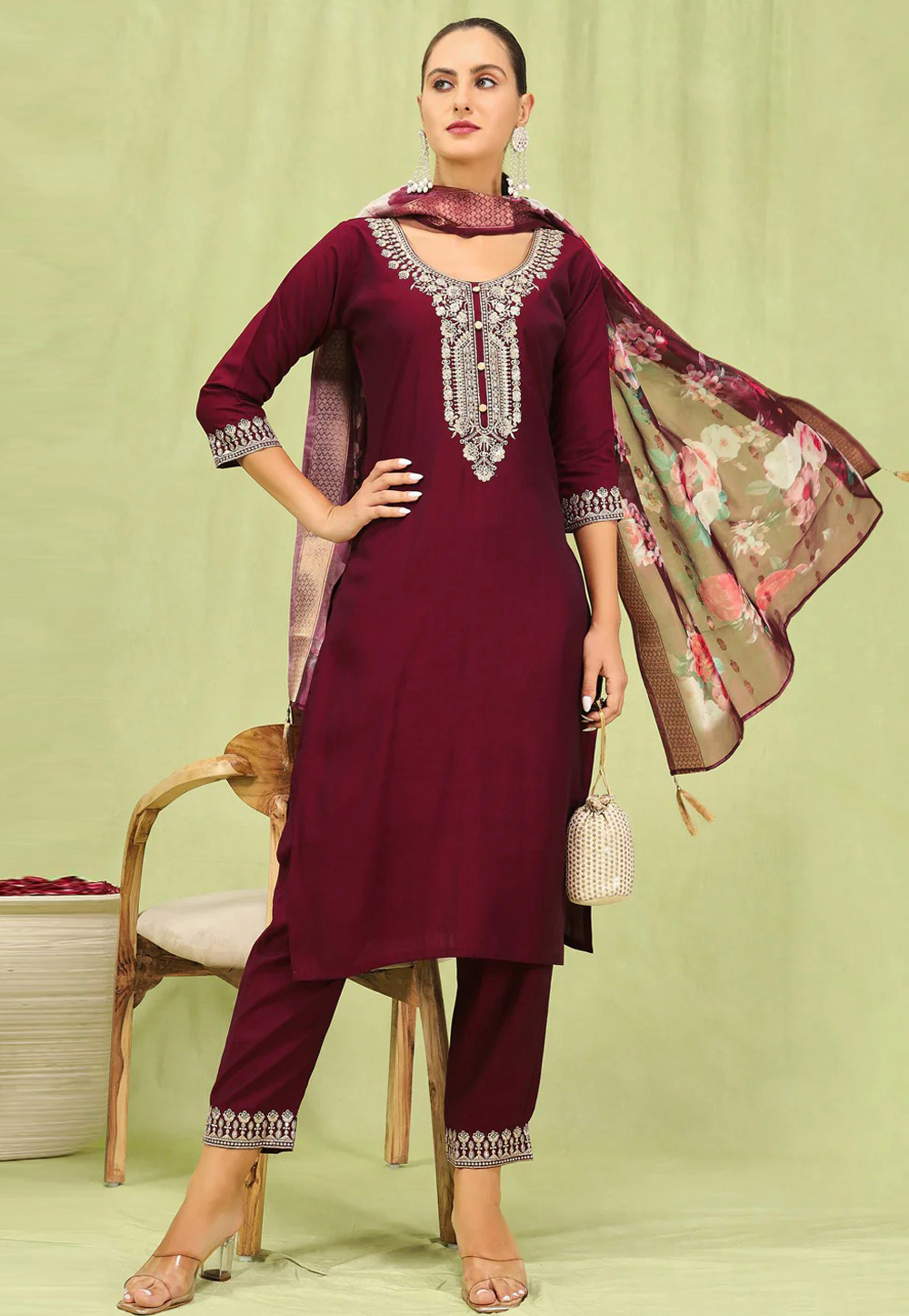 Maroon Viscose Rayon Readymade Pant Style Suit 308120