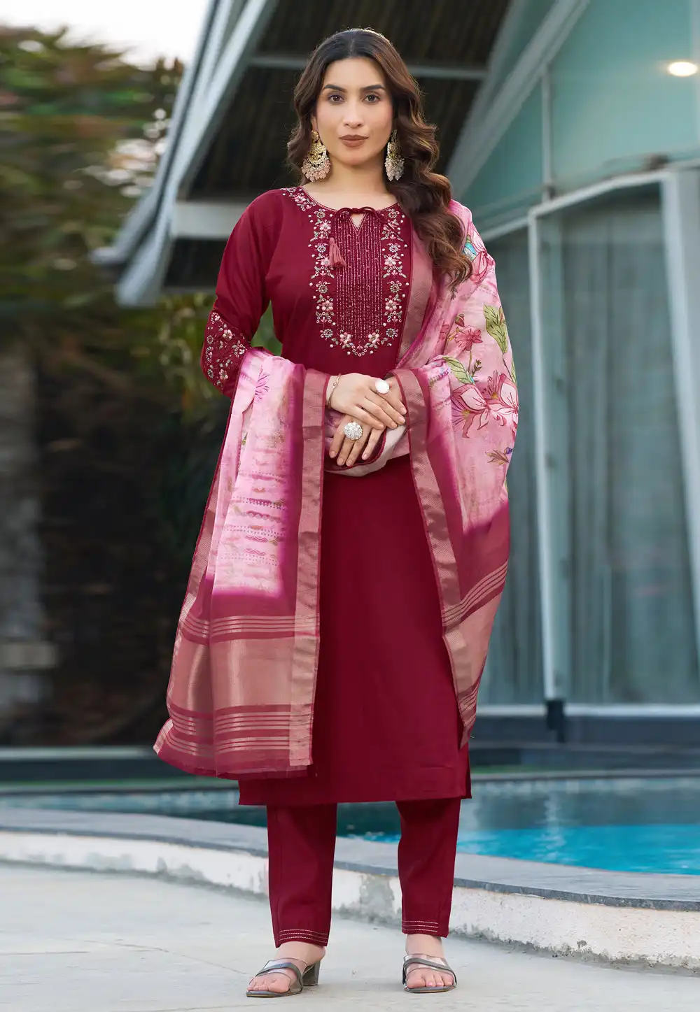 Maroon Viscose Readymade Pakistani Suit 313372