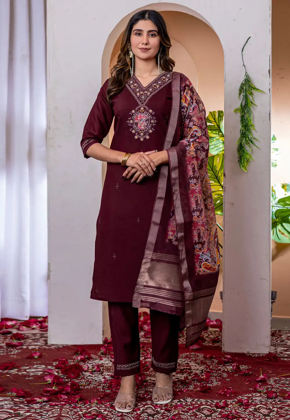 Maroon Viscose Readymade Pant Style Suit 313376