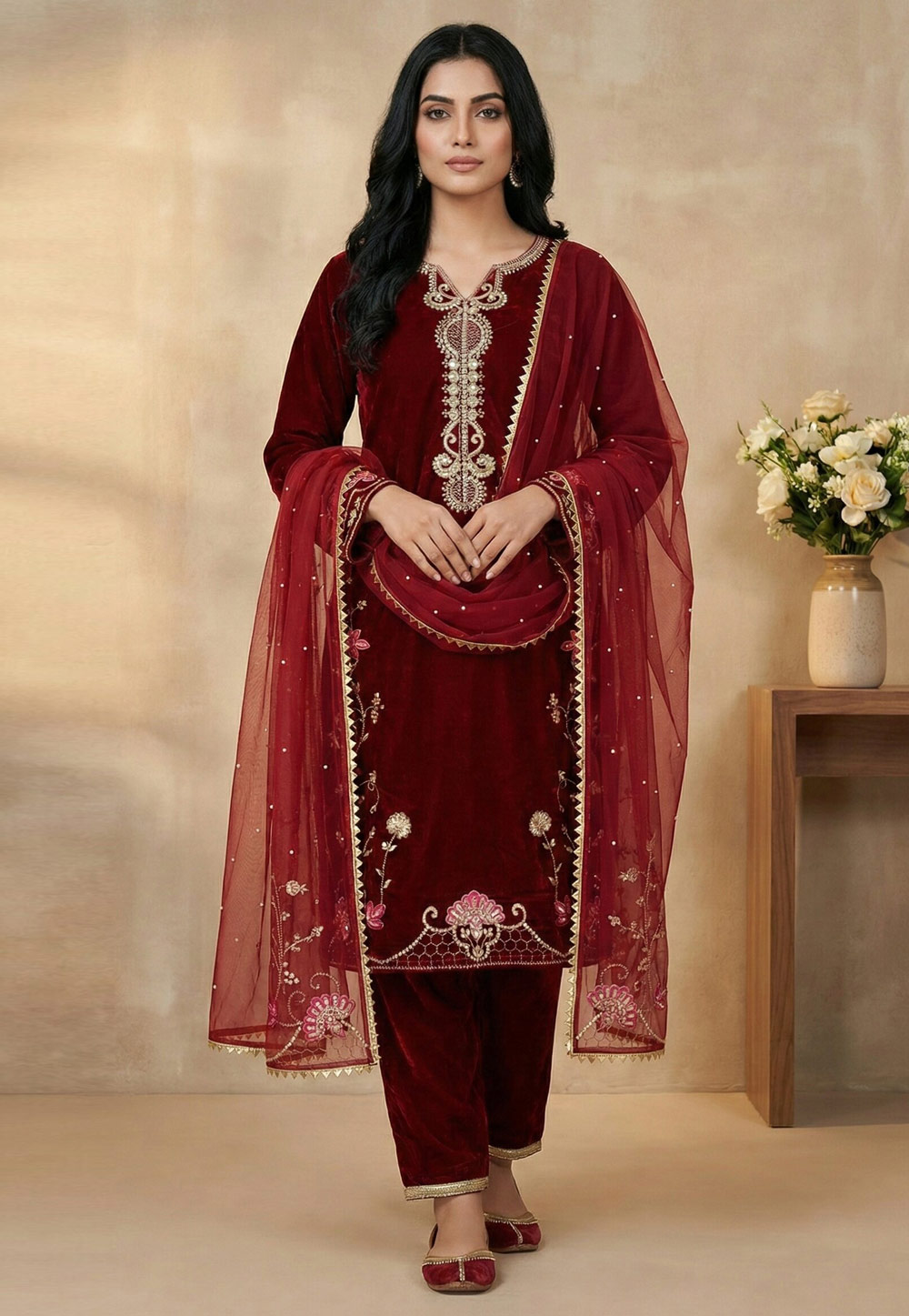 Maroon Viscose Readymade Pant Style Suit 324968