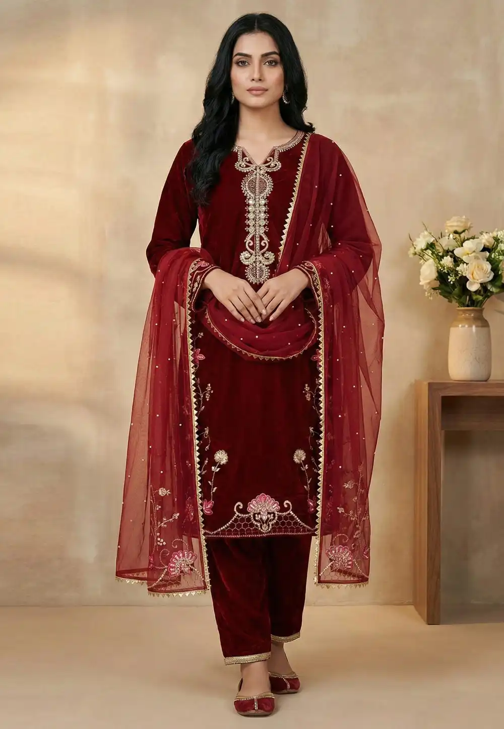 Maroon Viscose Readymade Pant Style Suit 324968