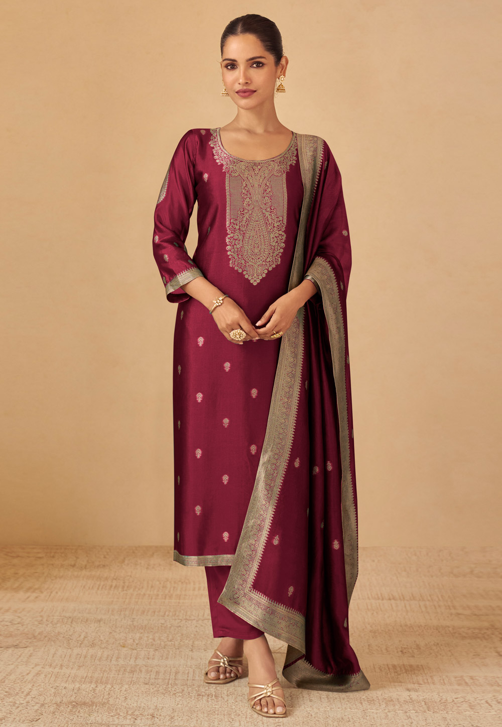Maroon Viscose Straight Suit 320191