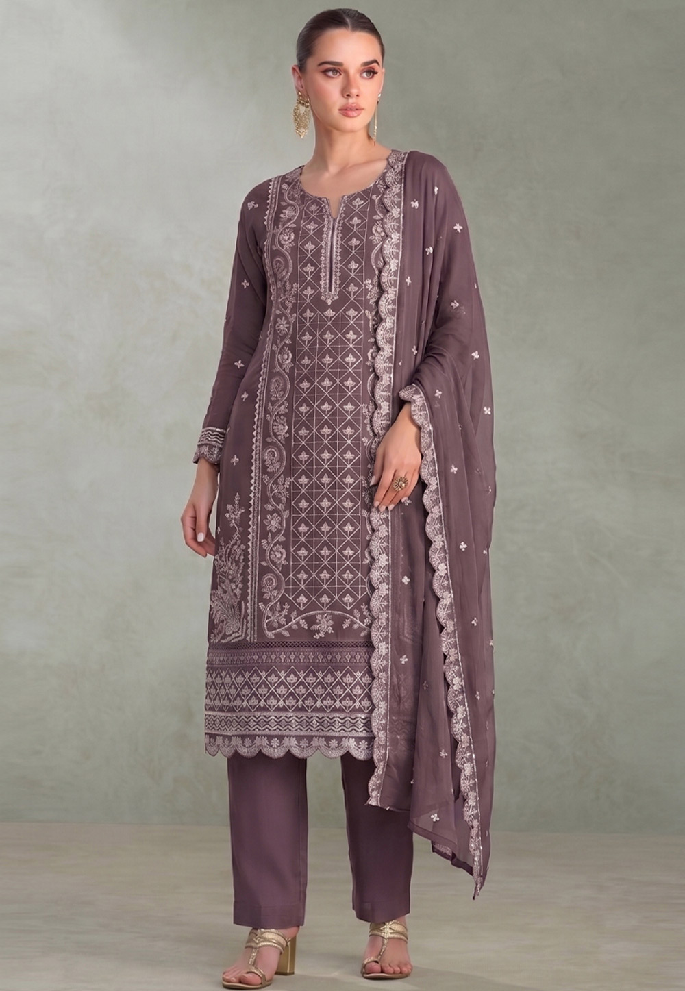 Mauve Chiffon Embroidered Pakistani Suit 329783