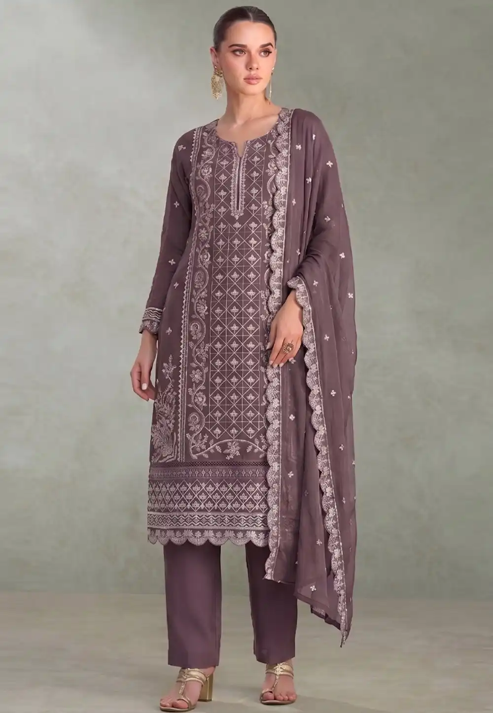 Mauve Chiffon Embroidered Pakistani Suit 329783