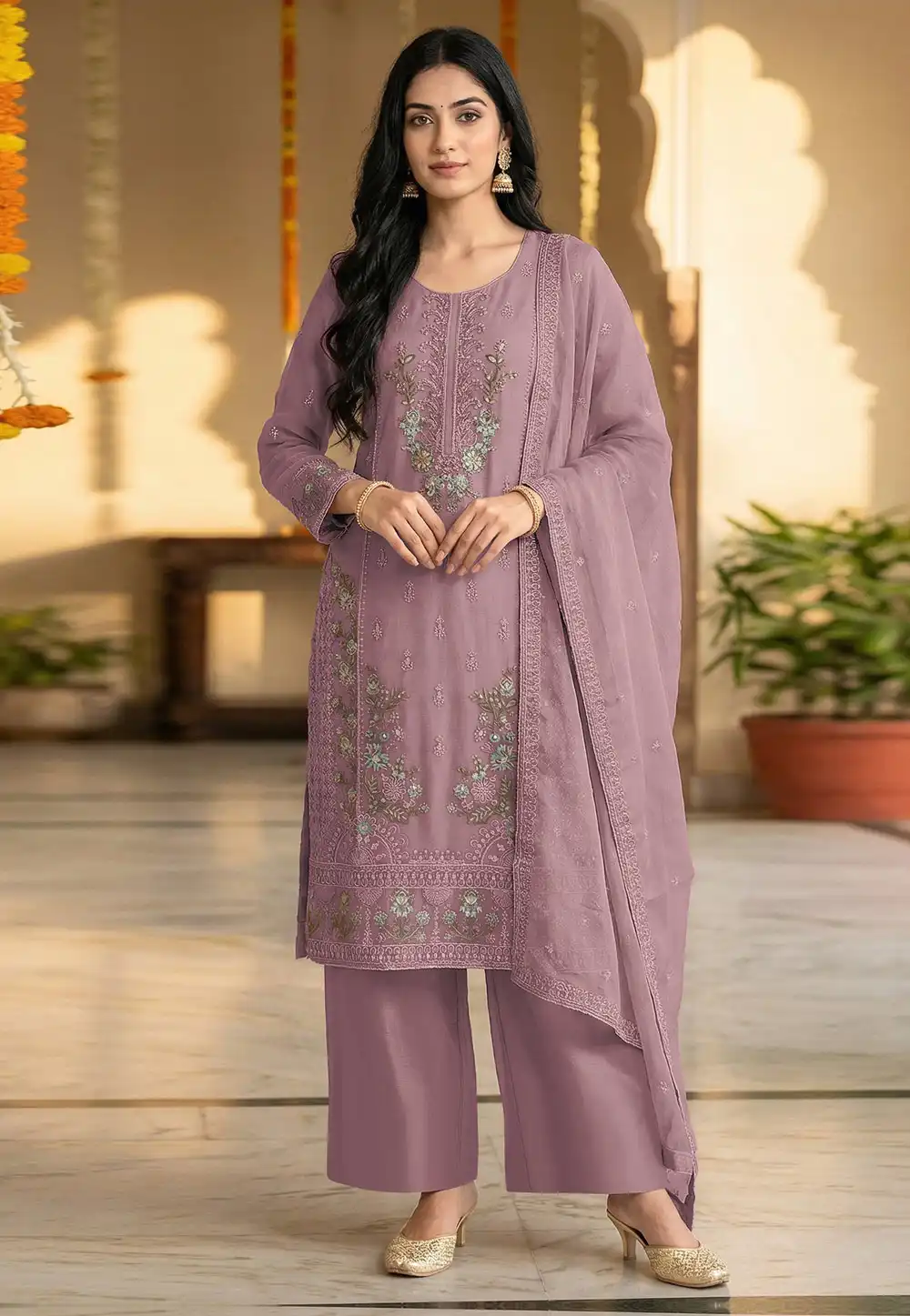 Mauve Chiffon Palazzo Suit 329678