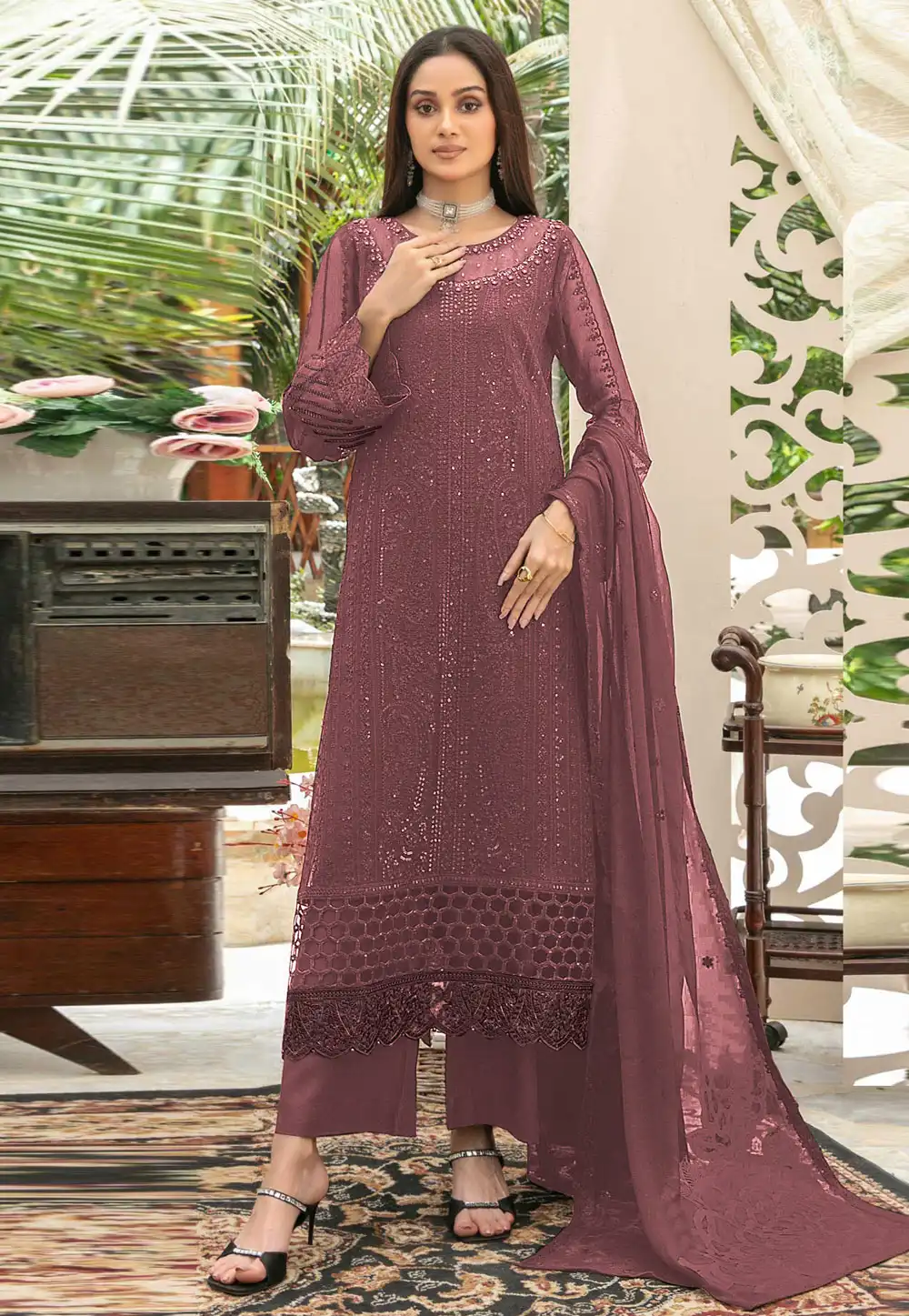 Mauve Chiffon Pant Style Suit 329699