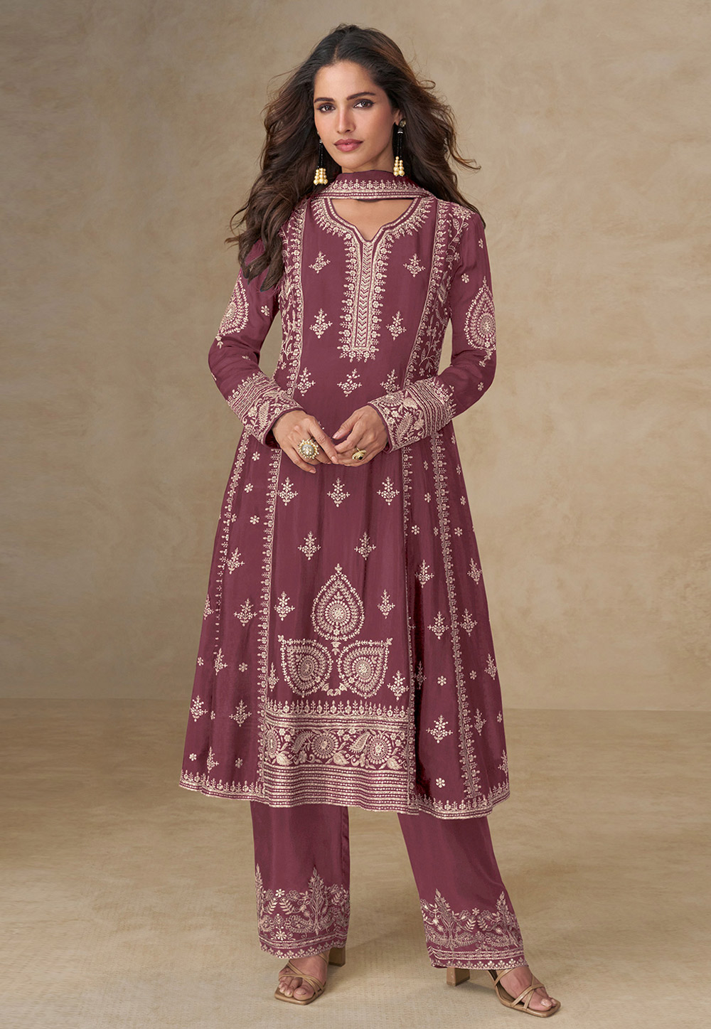 Mauve Chinon Anarkali Suit 320251