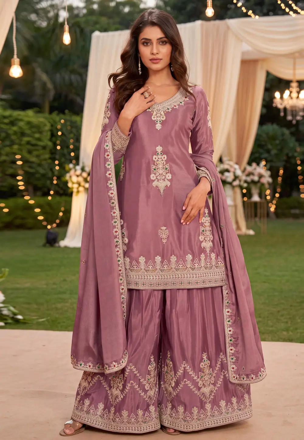 Mauve Chinon Readymade Palazzo Suit 335135