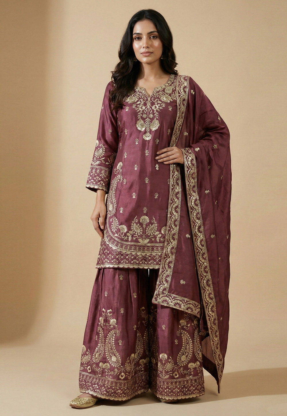 Mauve Chinon Readymade Sharara Suit 323825