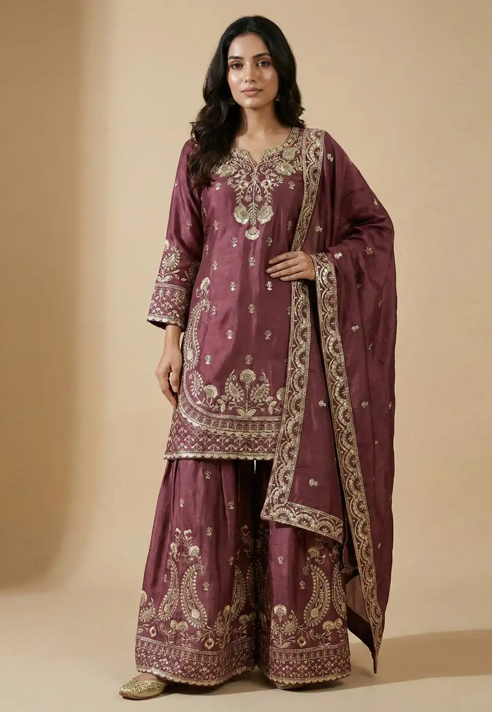 Mauve Chinon Readymade Sharara Suit 323825