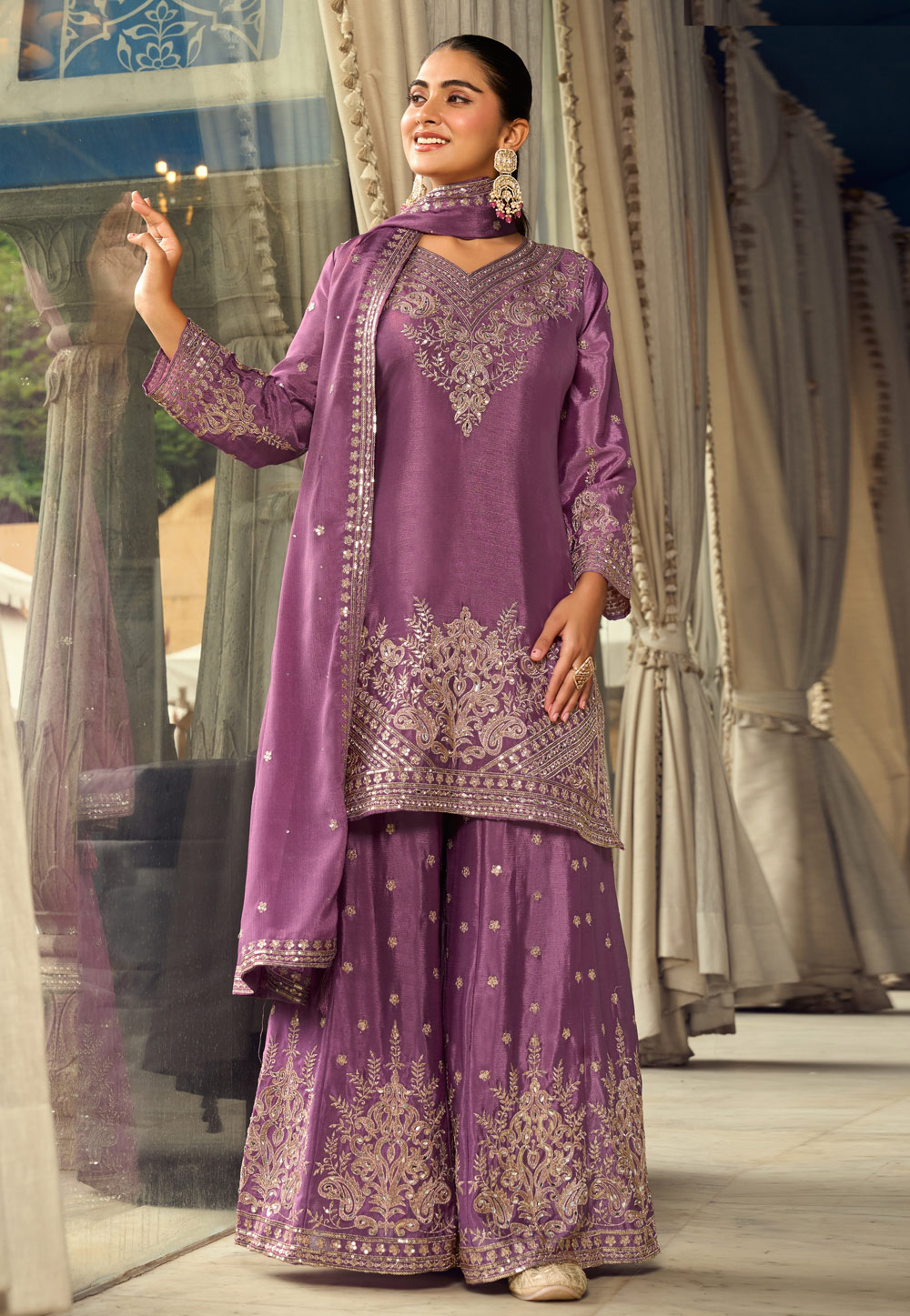 Mauve Chinon Silk Readymade Palazzo Suit 324537