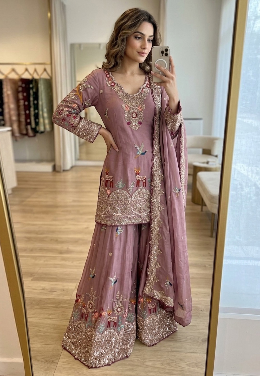 Mauve Chinon Silk Readymade Sharara Suit 326492