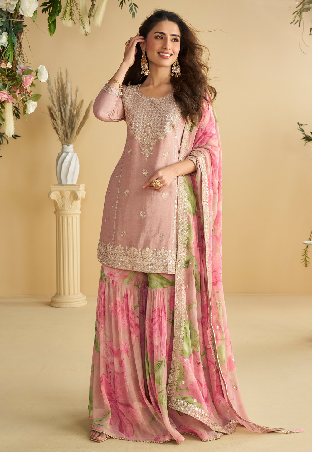 Mauve Chinon Silk Sharara Suit 320514
