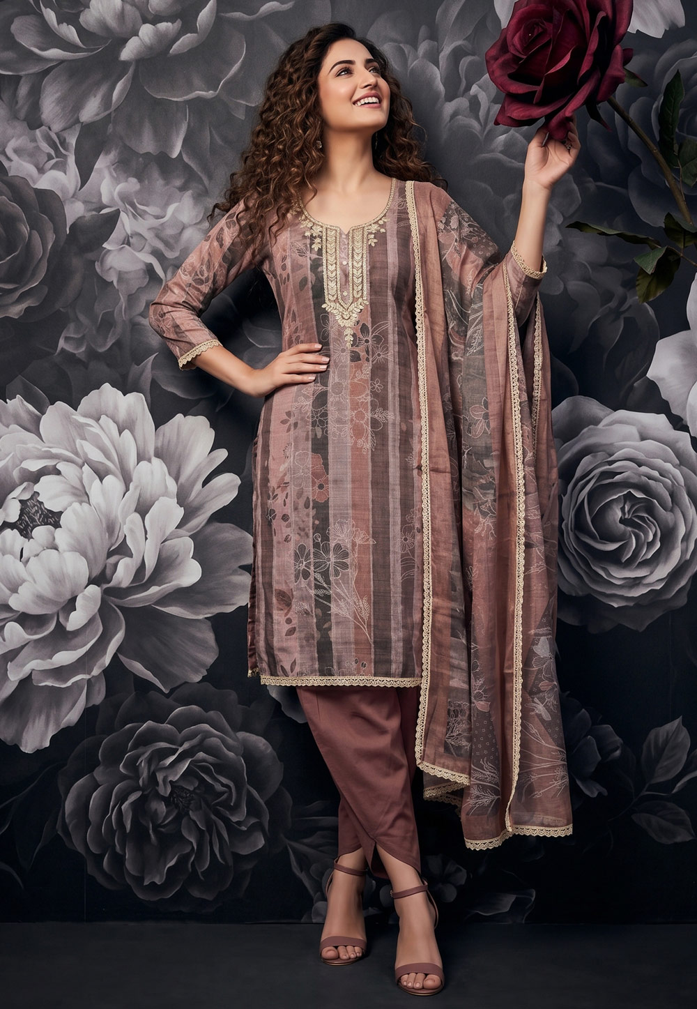 Mauve Cotton Linen Dhoti Style Suit 330125