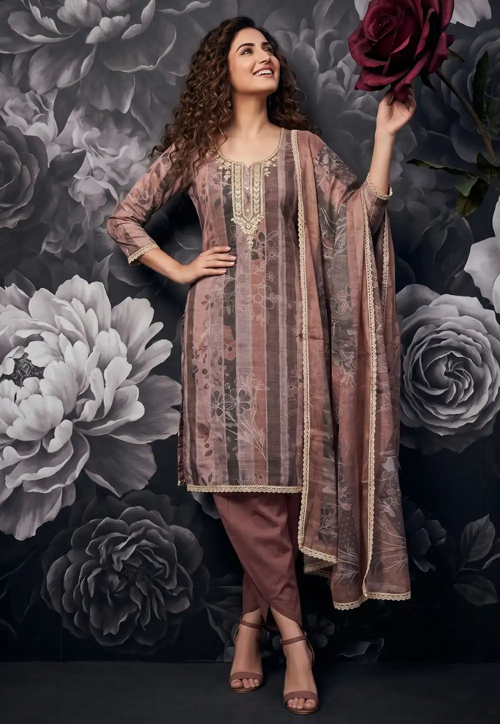 Mauve Cotton Linen Dhoti Style Suit 330125