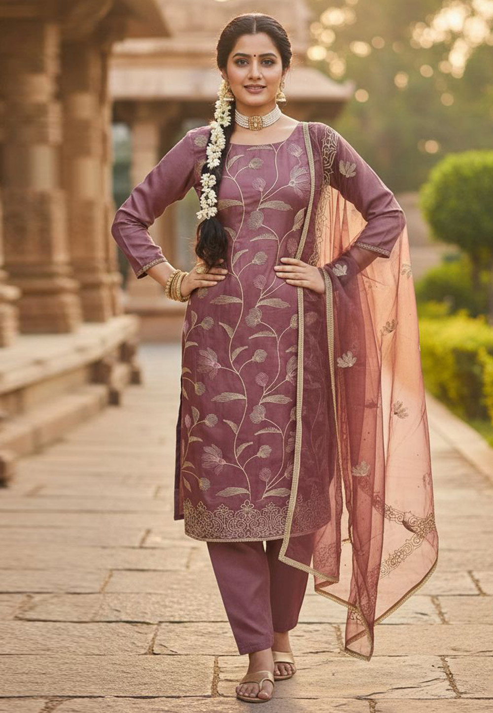 Mauve Cotton Pant Style Suit 324139