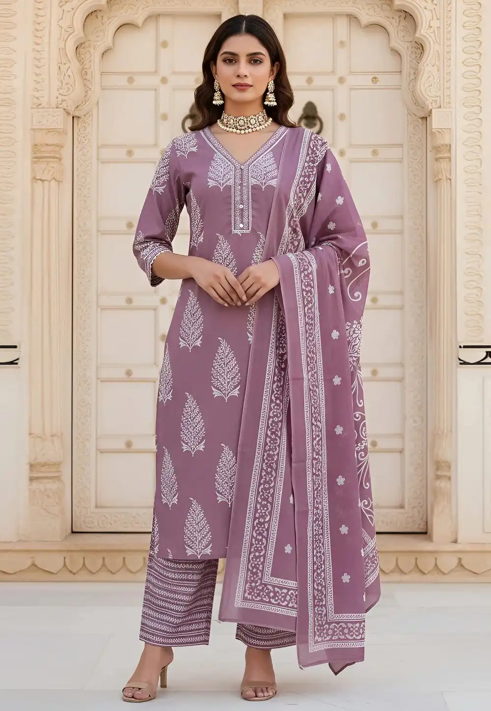 Mauve Cotton Readymade Palazzo Suit 326212