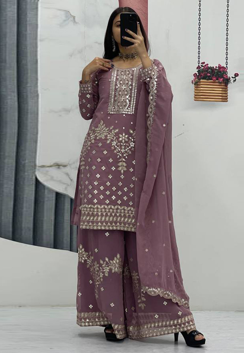 Mauve Cotton Readymade Palazzo Suit 328907