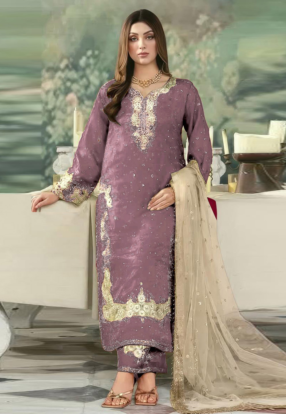 Mauve Crepe Pant Style Suit 323350