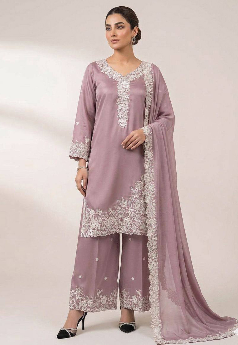 Mauve Crepe Readymade Palazzo Suit 329615