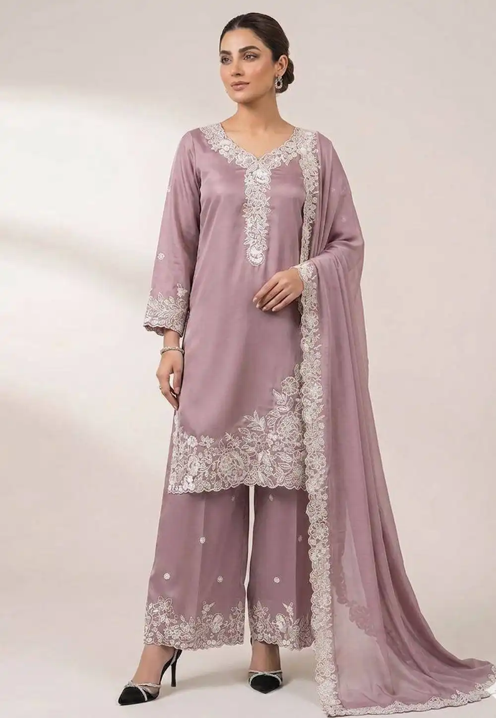 Mauve Crepe Readymade Palazzo Suit 329615
