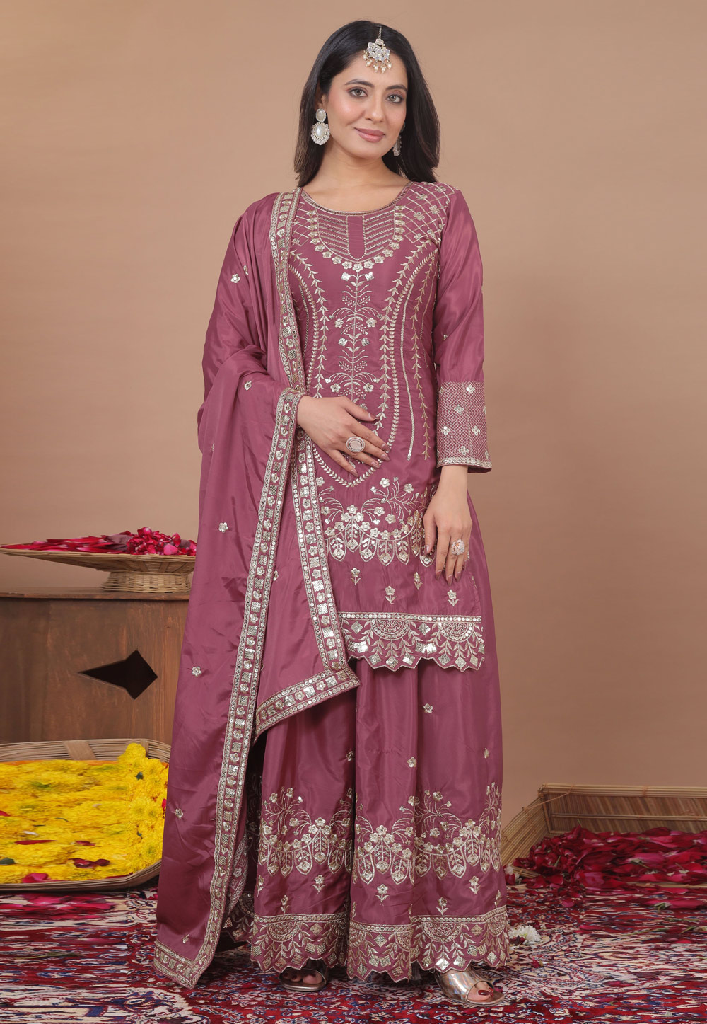 Mauve Crepe Readymade Palazzo Suit 325347