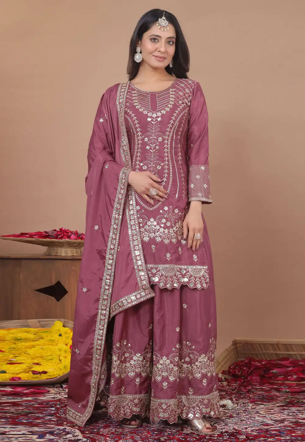 Mauve Crepe Readymade Palazzo Suit 325347