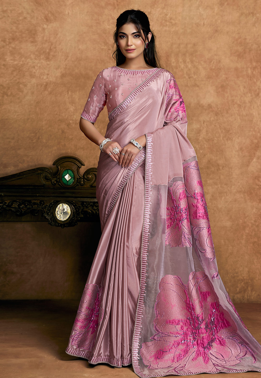 Mauve Crepe Saree With Blouse 326461
