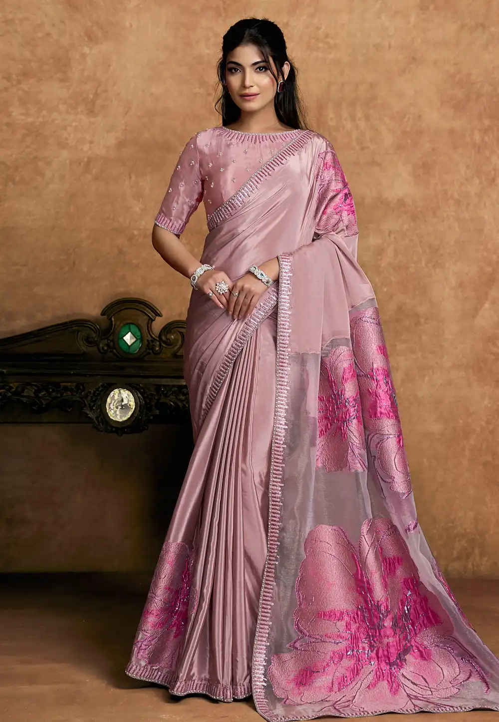 Mauve Crepe Saree With Blouse 326461