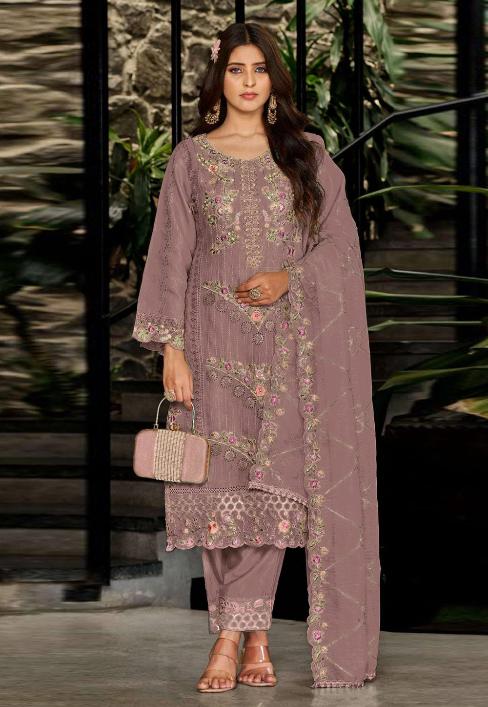 Mauve Faux Georgette Pant Style Suit 321194