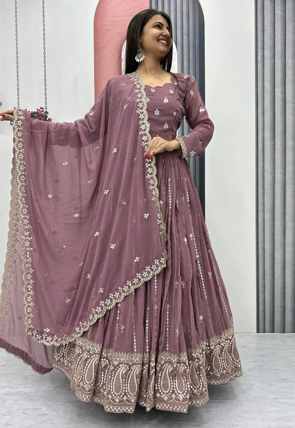 Mauve Faux Georgette Readymade Anarkali Suit 328897