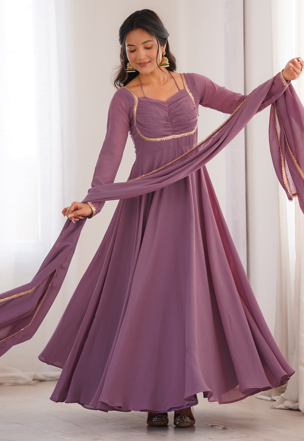 Mauve Faux Georgette Readymade Long Anarkali Suit 327349