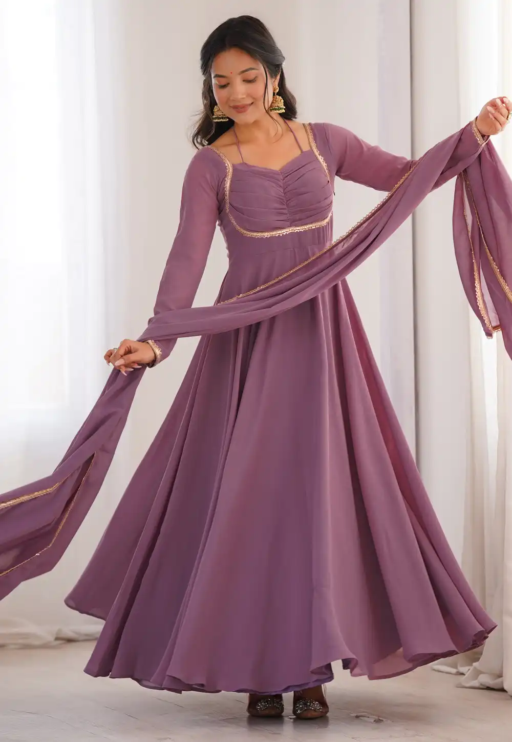 Mauve Faux Georgette Readymade Long Anarkali Suit 327349