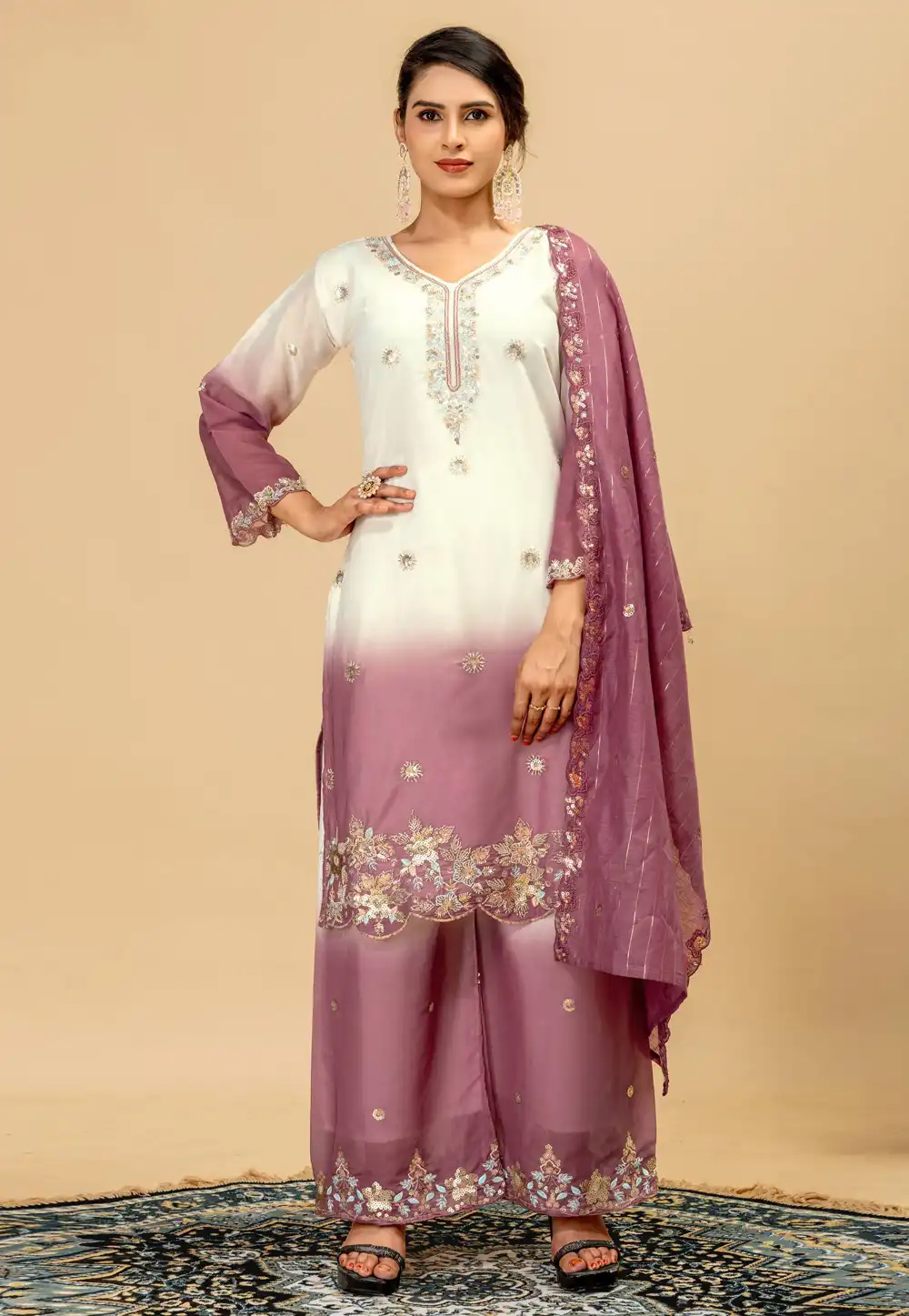 Mauve Georgette Readymade Palazzo Suit 330676
