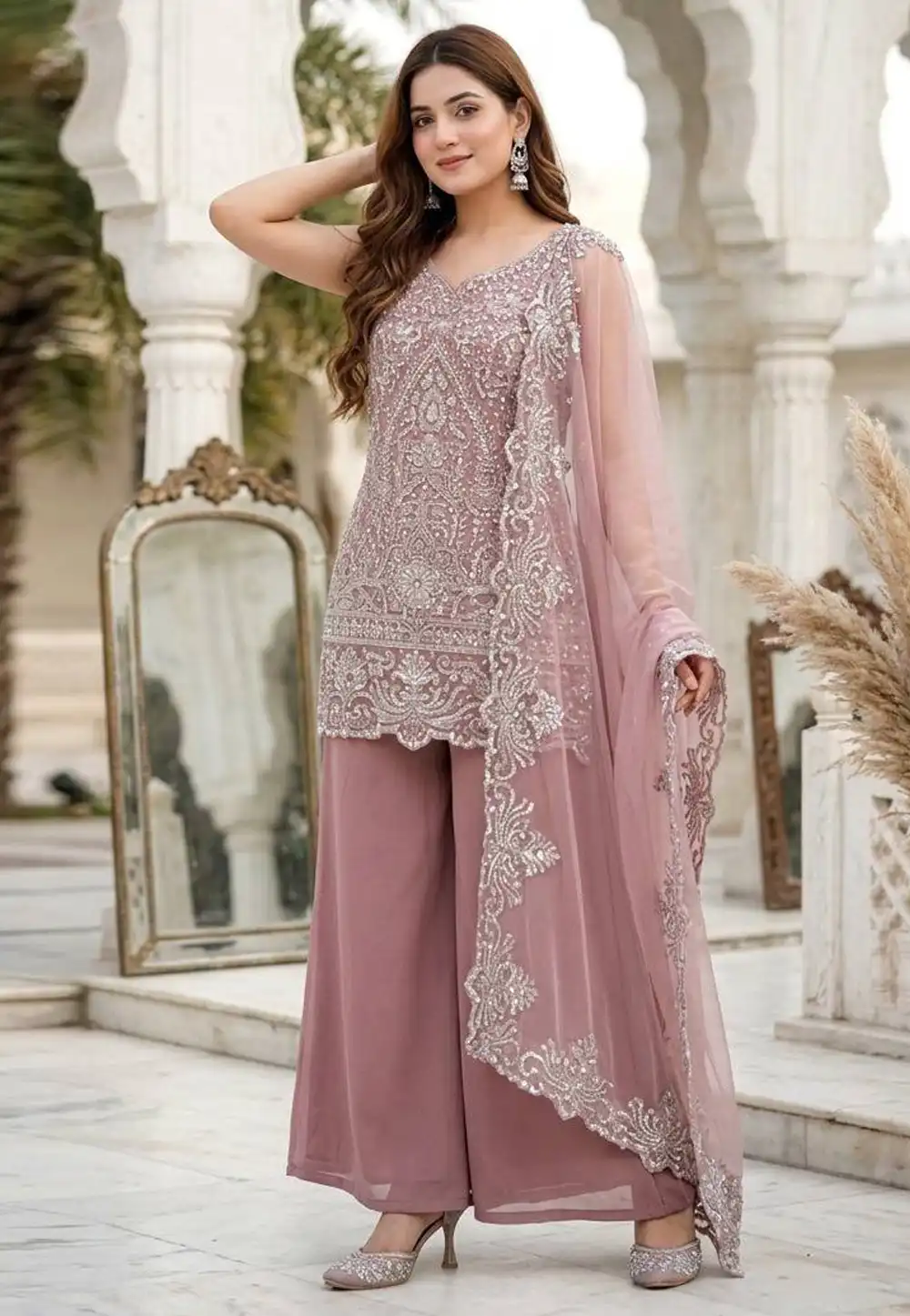 Mauve Georgette Readymade Palazzo Suit 328962