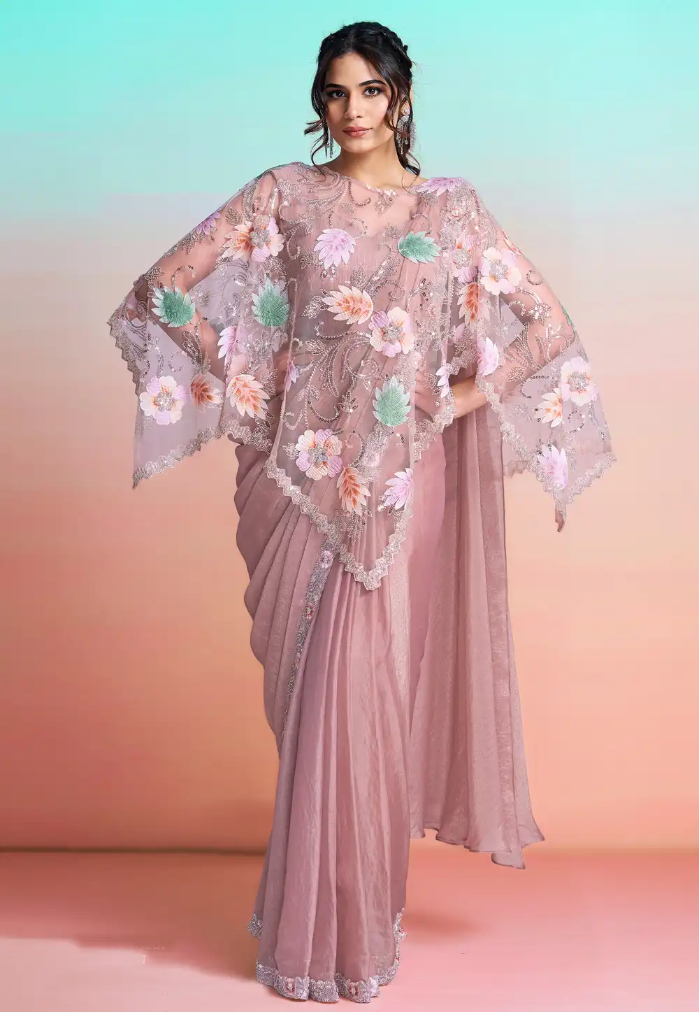 Mauve Georgette Satin Designer Saree 327239