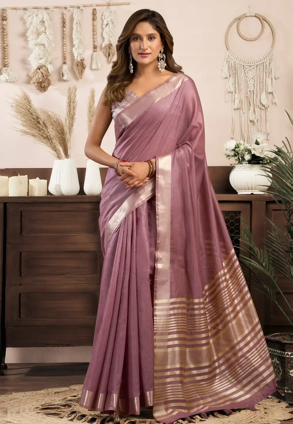 Mauve Khadi Cotton Saree With Blouse 321516