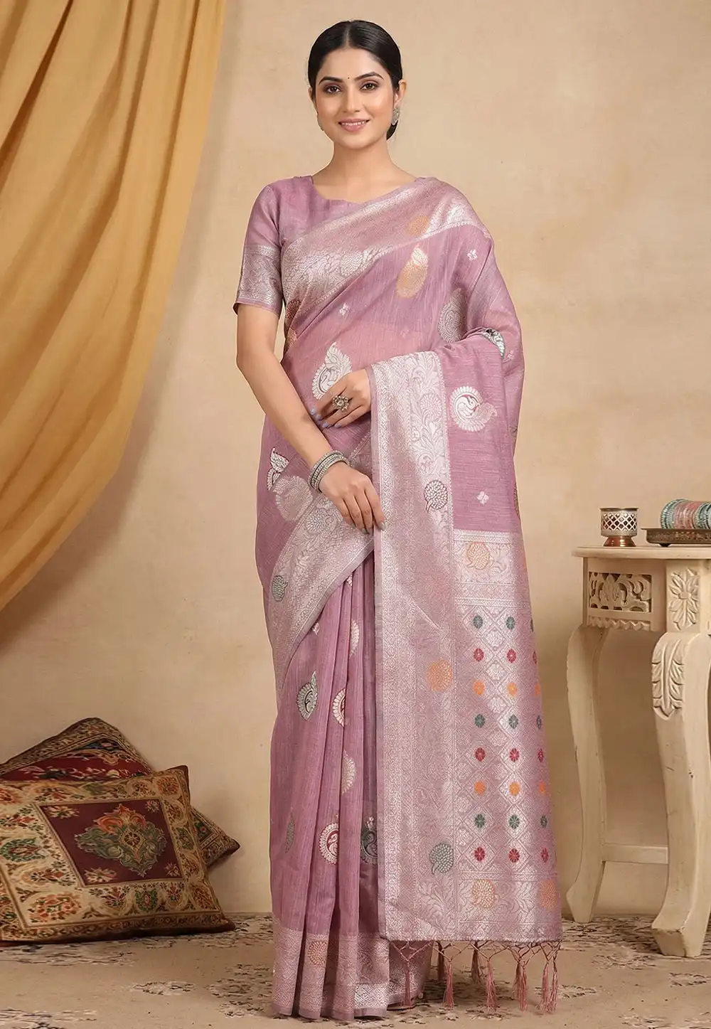 Mauve Linen Saree With Blouse 326005
