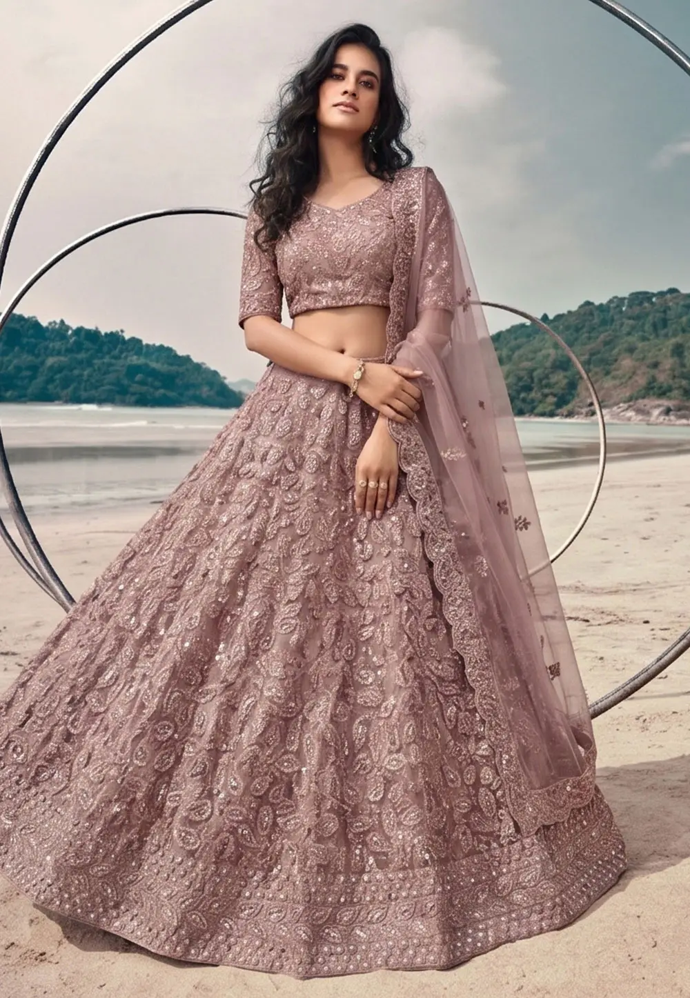 Mauve Net Lehenga Choli For Wedding 332373