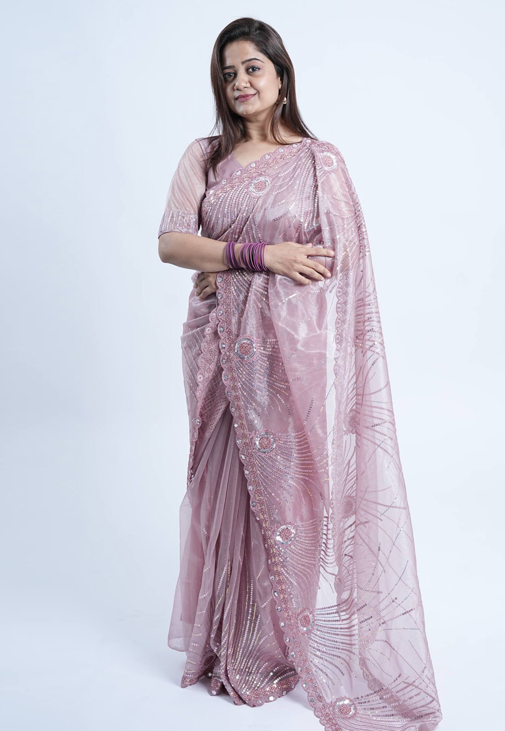 Mauve Net Saree With Blouse 330193